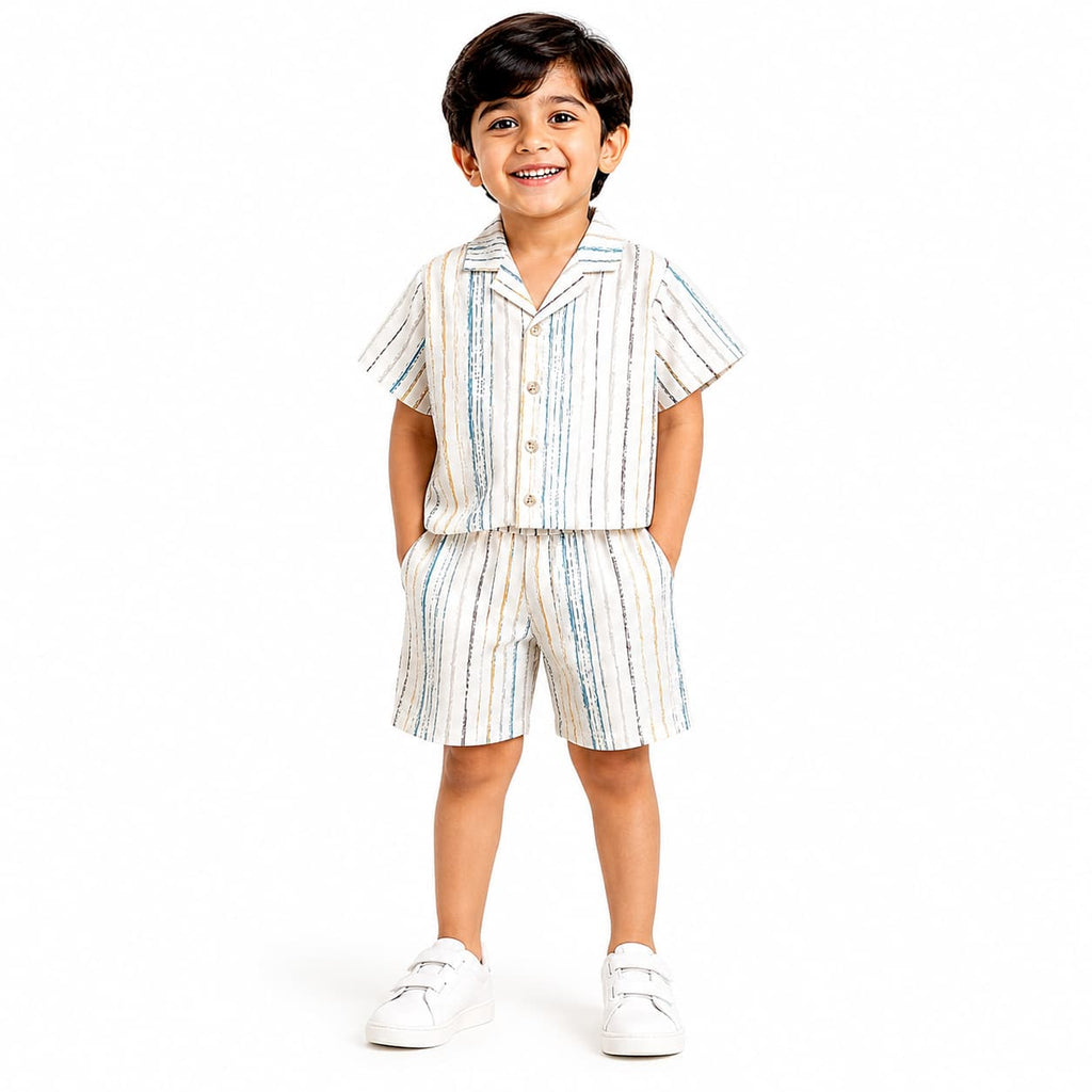 Premium Stripe Print Shirt & Shorts Set for Baby & Kids | White Summer Co-Ord Set