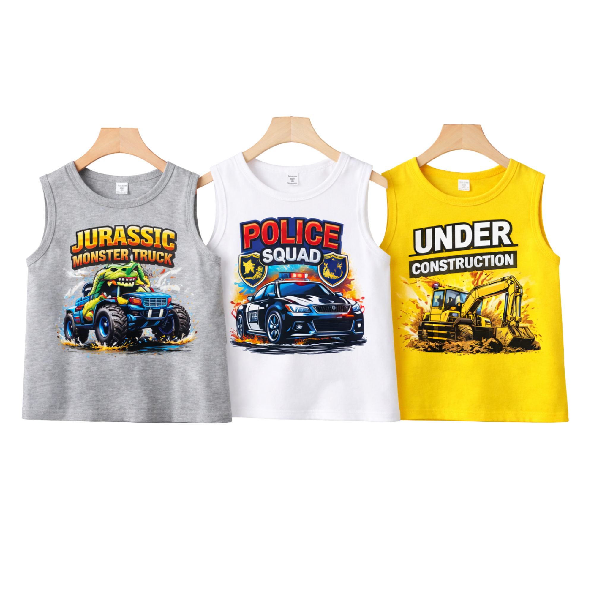 Premium Boys Action Force Cotton Tank Top – Jurassic Monster Truck, Police Squad & Under Construction