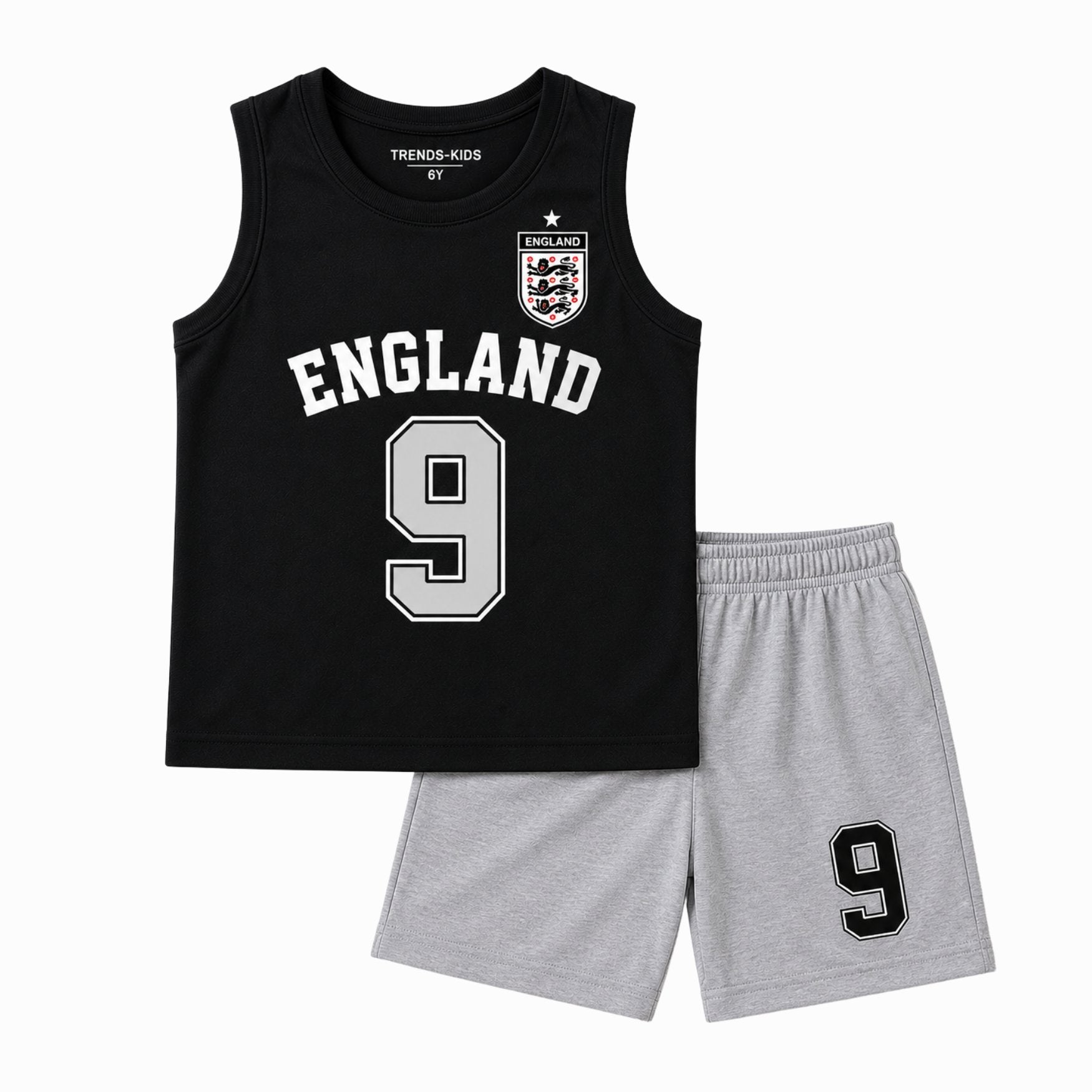 England #9 Kids Tank Top & Shorts Set – Black & Grey Summer Sports Outfit