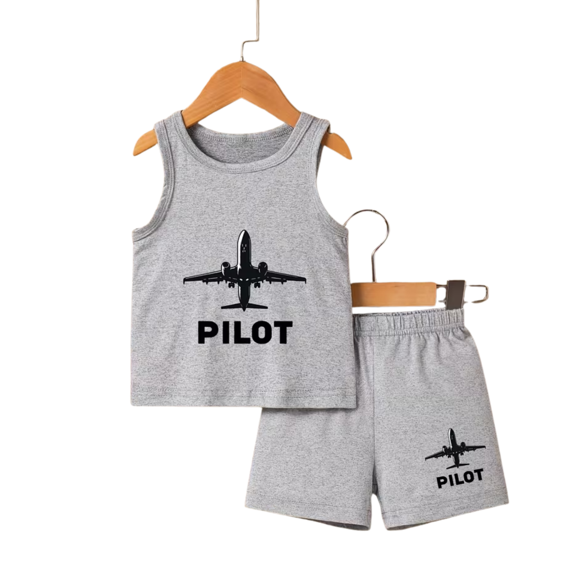 Kids Pilot Tank Top & Shorts Set (Grey) – Soft Cotton | TT-PILOT-GRY