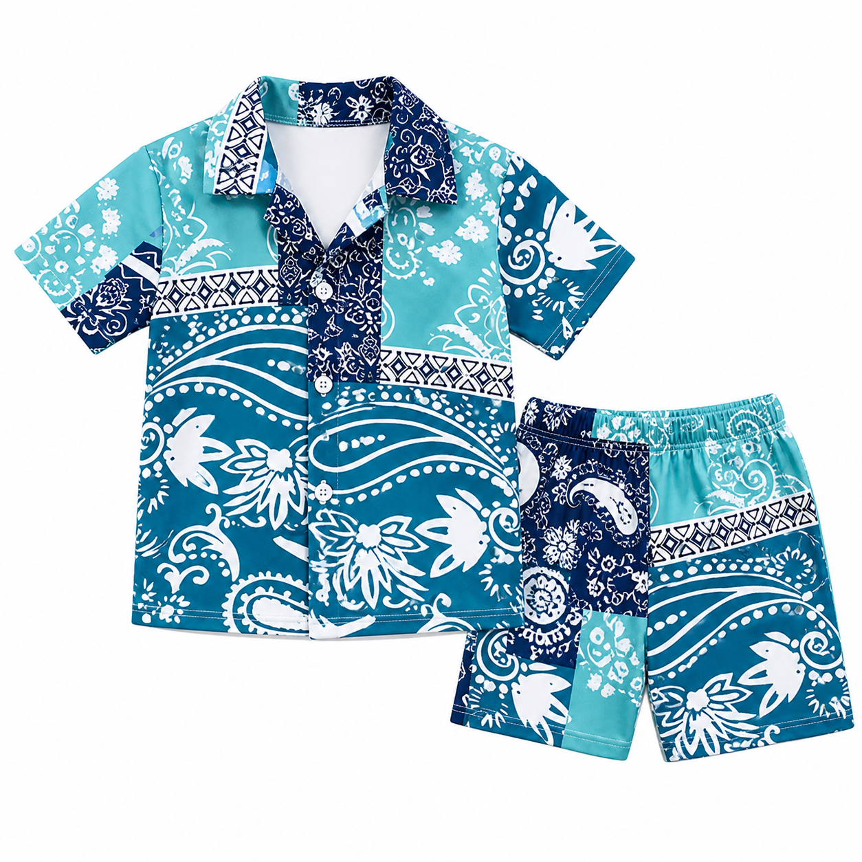 Premium Kids Ocean Wave Print Shirt & Shorts Set – Soft Cotton Summer 2 Piece Outfit (1–7 Years)