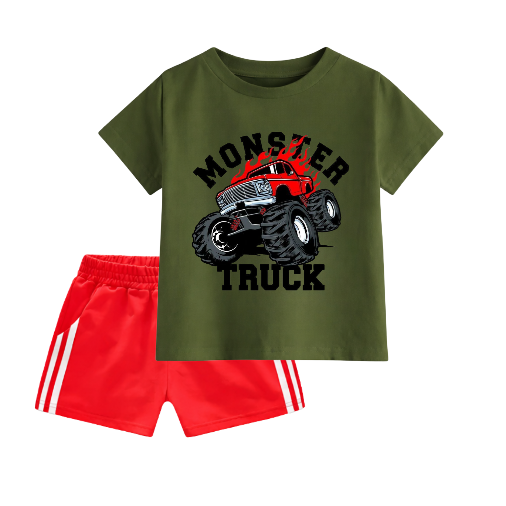 Boys Monster Truck – Olive T-Shirt & Red Sport Shorts | Trends-Kids
