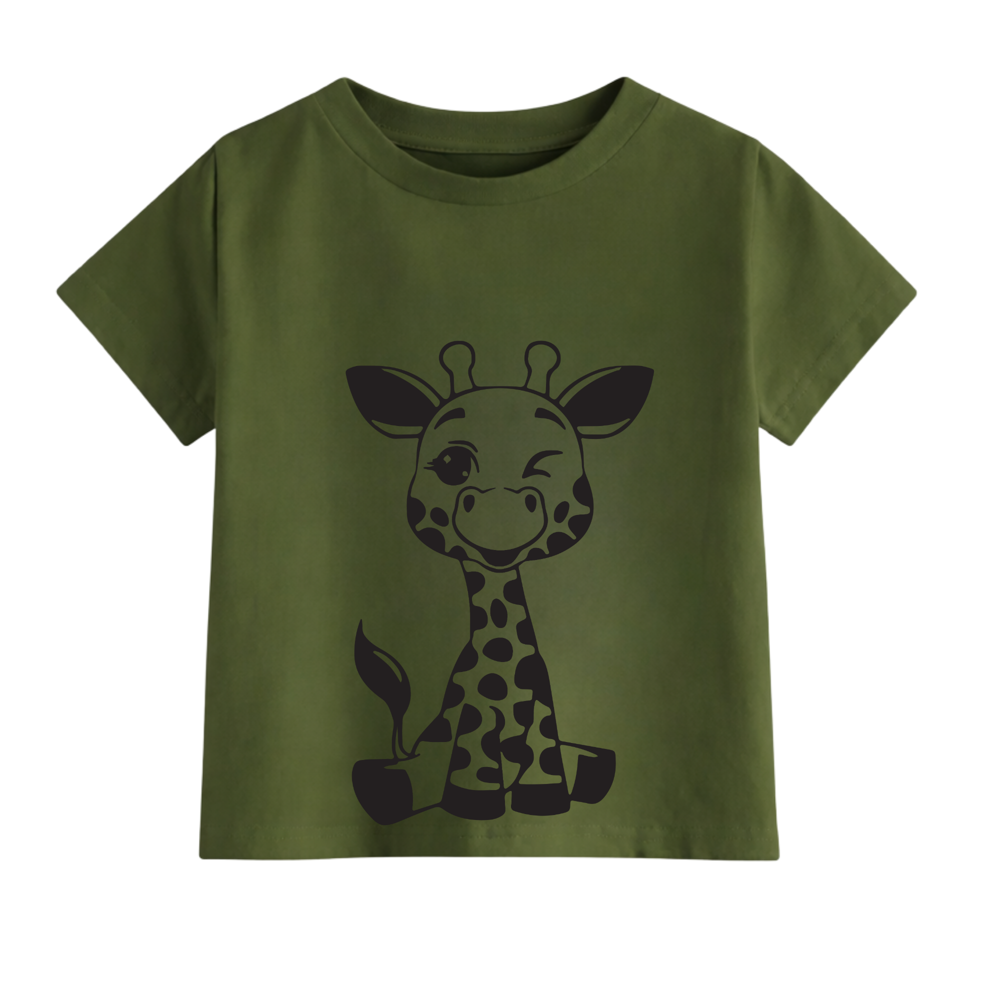 Cute Giraffe Kids Cotton T-Shirt – Olive Green Graphic Tee (6M–8Y)