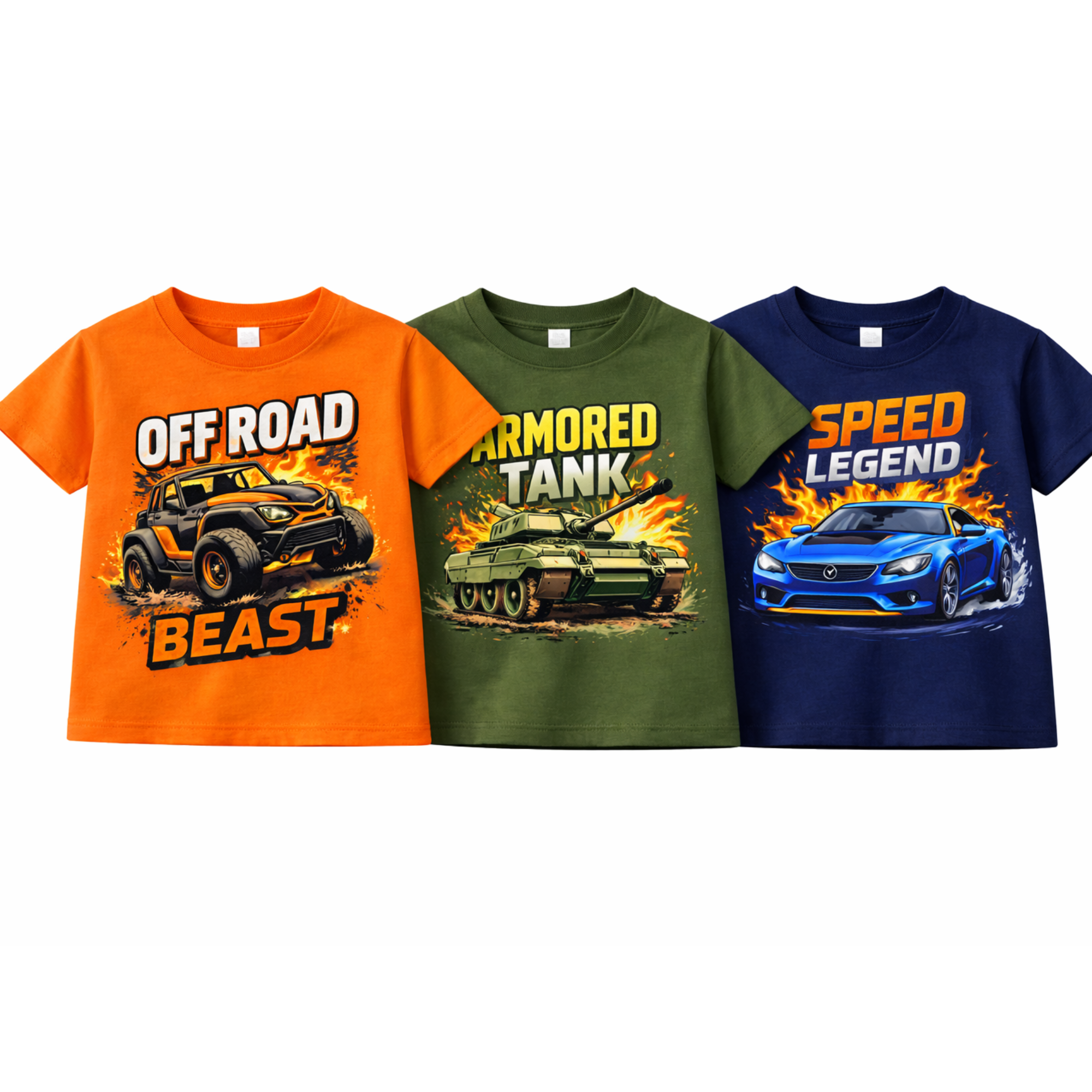 Premium Boys Power Machines Cotton T-Shirt – Off Road Beast, Armored Tank & Speed Legend