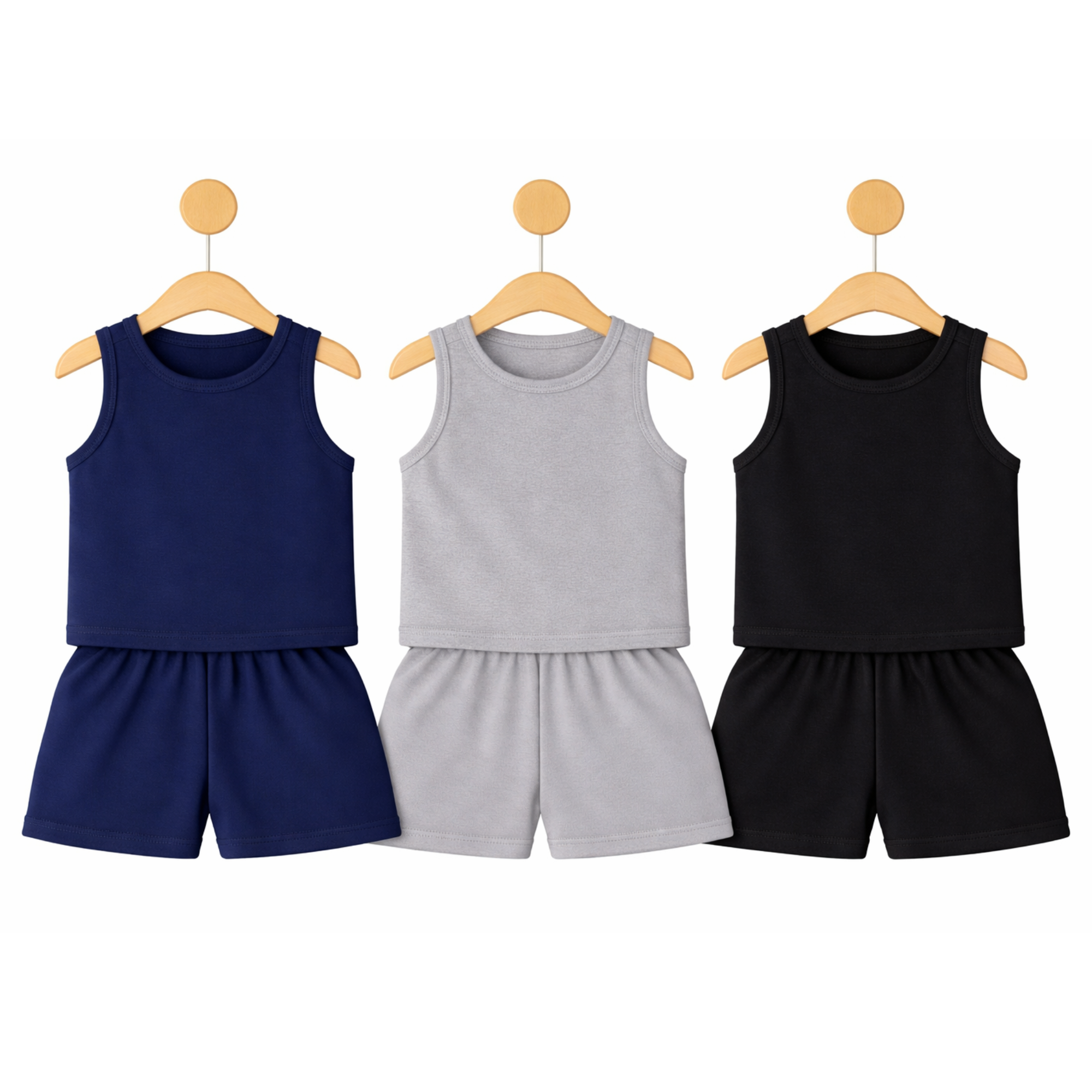 Boys Basic Solid Cotton Tank Top & Shorts  – Navy, Grey & Black 3Set
